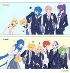  +++ 3girls 5boys 66_(roro) age_progression ahoge annoyed bag bag_charm bento black_choker black_jacket black_pants black_sailor_collar blazer blue_background blue_hair blue_scarf blush bow bow_hairband bowtie charm_(object) child choker closed_eyes closed_mouth coat commentary doting_parent dress english_commentary flower_(vocaloid) flower_(vocaloid4) fukase grabbing_another's_scarf green_eyes grey_bow grey_bowtie grey_necktie grey_pants gumi hair_between_eyes hair_ornament hairband hairclip hand_in_pocket hands_up happy_aura headpat highres holding holding_bento holding_strap jacket kagamine_len kagamine_rin kaito_(vocaloid) kamui_gakupo leaning_forward long_hair long_sleeves looking_at_another multicolored_hair multiple_boys multiple_girls multiple_hairclips necktie one_eye_closed open_clothes open_jacket open_mouth out_of_frame outline pants parallel_hairclips ponytail purple_eyes purple_hair raised_inner_eyebrows red_hair sailor_collar sailor_dress sailor_shirt scarf school_bag school_uniform shirt short_hair short_hair_with_long_locks short_ponytail short_sleeves shoulder_bag sleeveless sleeveless_dress squiggle v-shaped_eyebrows vocaloid vy2 white_bow white_coat white_dress white_hairband white_outline white_shirt wrapped_bento yellow_background yuzuyooja 