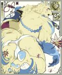anthro blue_body blue_fur bulge butt canid canine detailed_bulge feet fur genital_outline hindpaw kumoyama looking_at_viewer looking_back male mammal maple_leaf mint_cyanide muscular muscular_anthro muscular_male paws penis_outline solo tail tan_body tan_fur xxl_woofia