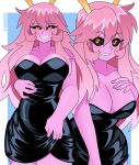 2026 absurd_res artist_name ashido_mina bare_shoulders big_breasts black_clothing black_dress black_sclera blue_background blush border breasts cleavage clothed clothing clothing_lift cocktail_dress dress dress_lift eyebrow_through_hair eyebrows female fingernails glistening glistening_clothing glistening_dress grin hair hand_on_breast hi_res horn horned_humanoid humanoid legs_together long_hair my_hero_academia nails nico_neko not_furry pink_body pink_hair pink_skin quirked_human_(my_hero_academia) short_dress simple_background smile solo strapless_clothing strapless_dress text translucent translucent_hair twitter_handle white_border wide_hips yellow_eyes