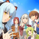  2boys 3girls :d :o animal_ear_hairband animal_ears ao_no_kiseki arm_up artist_name ascot belt black_hairband blue_ascot blue_eyes blue_hair blue_sky bracelet brown_belt brown_eyes brown_hair cat_ear_hairband cat_ears chest_guard closed_mouth cloud coat commentary_request crossed_arms curtained_hair dated day double-parted_bangs eiyuu_densetsu elie_macdowell fake_animal_ears green_eyes green_hair grin hair_between_eyes hairband hand_up high_collar highres jacket jewelry kea_(eiyuu_densetsu) lens_flare lloyd_bannings long_hair long_sleeves looking_at_viewer masaki_shino multiple_boys multiple_girls non-circular_lens_flare one_eye_closed open_hand open_mouth outdoors parted_bangs parted_lips police police_uniform randolph_orlando red_hair shirt short_hair sidelocks signature sky smile straight_hair tio_plato turtleneck twitter_username upper_body watermark waving wavy_hair white_hair white_shirt yellow_eyes zero_no_kiseki 