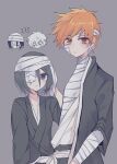  >_< 1boy 1girl :< :/ bandage_over_one_eye bandaged_arm bandaged_chest bandaged_head bandages black_hair black_kimono bleach bleach:_sennen_kessen-hen blue_eyes brown_eyes chibi chibi_inset closed_eyes closed_mouth commentary_request cowboy_shot frown g_ieep gauze gauze_on_cheek gauze_over_eye grey_background hand_up japanese_clothes kimono korean_commentary kuchiki_rukia kurosaki_ichigo long_sleeves looking_at_viewer one_eye_covered open_clothes open_kimono orange_hair short_hair simple_background spiked_hair torn_clothes torn_kimono v-shaped_eyebrows wide_sleeves 
