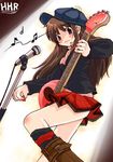  beamed_eighth_notes brown_hair cabbie_hat concert eighth_note guitar half_note hat instrument kaisanbutsu long_hair long_sleeves microphone microphone_stand musical_note original plectrum skirt solo zanshomimai 