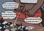 4_fingers anthro balls bishop_(chess) bodily_fluids chess chess_piece chessboard comic dialogue emoji english_text fingers furniture genital_fluids genitals ground_squirrel groundhog holding_penis king_(chess) male mammal marmot pawn_(chess) peeing peeing_on_furniture peeing_on_table penis pulling_down_shorts queen_(chess) rodent rook_(chess) sciurid small_penis solo speech_bubble standing table tail text tremor_groundhog underwear_peek urine wild_strokes