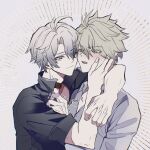  2boys alternate_costume antenna_hair arrow_(symbol) black_choker black_shirt blonde_hair blue_eyes blush buttons chinese_commentary choker closed_mouth collared_shirt commentary_request dual_persona fang fingernails grey_hair hair_between_eyes hand_on_another's_face hand_up highres honkai:_star_rail honkai_(series) long_hair_between_eyes long_sleeves looking_at_another male_focus multiple_boys nanolty no_pupils open_mouth phainon_(honkai:_star_rail) phainon_(khaslana)_(honkai:_star_rail) selfcest shirt short_hair short_sleeves shy smile teeth trembling upper_body v-shaped_eyebrows white_background white_shirt yaoi yellow_eyes 