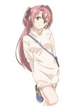  1girl bag between_breasts black_ribbon blue_eyes blue_shoes breasts commentary dress hair_intakes hair_ribbon handbag highres kamiina_botan kamiina_botan_yoeru_sugata_wa_yuri_no_hana looking_at_viewer medium_breasts nenmatsu_kirai pink_hair ribbon shoes simple_background solo standing standing_on_one_leg strap_between_breasts sweater sweater_dress turtleneck turtleneck_sweater two_side_up white_background white_sweater 