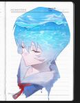  1girl ayami59266 ayanami_rei blue_dress blue_hair closed_eyes cloud cloudy_sky commentary dress expressionless highres lined_paper neck_ribbon neon_genesis_evangelion red_ribbon ribbon sailor_collar school_uniform short_hair sky solo tokyo-3_middle_school_uniform untranslatable_commentary upper_body water waving white_sailor_collar 