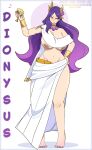  1girl absurdres alcohol ancient_greek_clothes barefoot breasts cup dionysus_(mythology) gold_bracer gold_cup greco-roman_clothes greek_mythology highres holding holding_cup large_breasts laurel_crown lieumare long_hair nail_polish navel nipples original purple_hair purple_nails roman_clothes shiny_skin side_slit solo tattoo toenail_polish toenails wine 