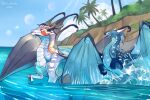 2021 absurd_res ambiguous_gender claws cloud day dragon duo european_mythology eyes_closed fan_character fangs feral hi_res horn long_neck markings mythological_creature mythological_scalie mythology open_mouth open_wings outside palm_tree partially_submerged plant scalie seawing_(wof) sharp_teeth sky snout suntropikl teeth tree water western_dragon wings_of_fire