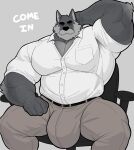 absurd_res anthro arm_hair arm_tuft aroused aroused_male barazoku beard beer_belly belly belt biceps big_belly big_bulge big_muscles big_pecs black_belt black_body black_clothing black_eyebrows black_fur blue_sclera body_hair boss bottomwear brown_bottomwear brown_clothing brown_pants bulge canid canine canis chair clothing detailed_bulge dialogue english_text erection erection_under_clothing erection_under_pants eyebrows facial_hair flexing flexing_bicep flexing_muscles flirting flirting_with_viewer fur furniture genital_outline grey_background grey_body grey_fur hand_behind hand_behind_head hand_on_head hand_on_own_head head_rub hi_res huge_muscles huge_pecs inviting inviting_to_sex inviting_viewer looking_at_viewer male mammal manly mature_anthro mature_male milkblend musclegut muscular muscular_anthro muscular_arms muscular_male muscular_thighs mustache offering_sex offering_to_viewer on_chair pants pecs penis_outline presenting presenting_belly presenting_body presenting_bulge presenting_pecs raised_arm rubbing_head seducing_viewer seductive shirt shoulder_hair shoulder_tuft showing_off_muscles sideburns simple_background sitting sitting_on_chair solo spread_legs spreading tenting text thick_arms thick_eyebrows thick_thighs tight_bottomwear tight_clothing tight_pants tight_shirt tight_topwear topwear tough_guy tuft white_beard white_body white_clothing white_facial_hair white_fur white_mustache white_shirt white_sideburns white_topwear wolf