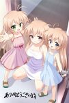  3girls ahoge blue_dress blue_eyes blush breasts cleavage commentary_request commission commissioner_upload derivative_work door doorway dress feet green_eyes hajimete_no_orusuban hallway hand_on_another's_waist highres long_hair looking_at_viewer mature_female mizuki_saori mizuki_shiori mogura2009 mother_and_child mother_and_daughter multiple_girls official_art_redraw open_door open_mouth outdoors parent_and_child pink_dress pink_eyes pink_hair sandals siblings sisters skeb_commission smile squatting standing sundress thighs toes twins white_dress 