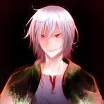  1boy absurdres black_background black_cloak blue_shirt cloak commentary devil_survivor_(series) devil_survivor_1 english_commentary green_cloak grey_hair grin highres looking_at_viewer medium_hair multicolored_cloak naoya_(devil_survivor) number_print portrait red_eyes shirt simple_background smile solo unmeisaki watermark 
