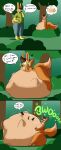 absurd_res anthro belly big_belly bottomwear bulge burping burping_up_object canid canine carrot clothing comic ears_up electronics english_text food forest_background fox hi_res lagomorph leporid looking_at_another lying lying_on_ground male male_pred male_prey mammal on_front on_ground pants phone phone_call plant rabbit rumbling_stomach shirt tail text the_fox_(huckleberry_bleu) the_hookaloof thick_thighs topwear vegetable vore