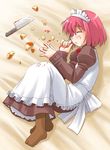  accident apple apron artist_request blood blood_on_face bloody_clothes bloody_hands cuts food fruit hisui holding holding_food holding_fruit injury knife long_sleeves maid red_hair short_hair sleeping solo tsukihime 