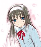  artist_request blue_shirt blush brown_hair hairband leaning_forward long_hair long_sleeves looking_at_viewer lowres red_ribbon ribbon shirt simple_background smile solo toono_akiha tsukihime white_hairband 
