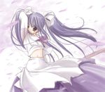  arm_up blue_hair hair_ribbon long_hair long_sleeves midriff nakajima_yuka petals purple_eyes purple_hair ribbon sakura_(ukagaka) solo twintails ukagaka wind 