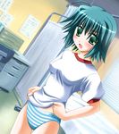  blue_panties bottomless da_capo da_capo_i dutch_angle green_eyes green_hair gym_uniform infirmary mizukoshi_mako no_pants otoki_raku panties short_hair solo standing striped striped_panties thigh_gap underwear 