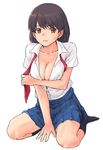  breasts cleavage large_breasts minato_fumi open_clothes open_shirt original pleated_skirt school_uniform shirt skirt socks solo undressing 