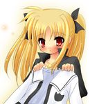  artist_request black_ribbon black_shirt blonde_hair blush bow collar collarbone fate_testarossa hair_bow hair_ribbon holding holding_clothes holding_jacket jacket jewelry light_smile long_sleeves looking_at_viewer lowres lyrical_nanoha mahou_shoujo_lyrical_nanoha necklace pendant red_eyes ribbon shirt simple_background solo two_side_up upper_body white_background white_jacket 