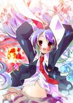  animal_ears arms_up bunny_ears groin kamiya_yuu long_hair long_sleeves midriff navel necktie no_panties purple_hair red_eyes red_neckwear reisen_udongein_inaba smile solo touhou 