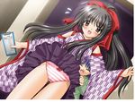  1girl bashamichi bow bow_panties dutch_angle game_cg hakama hoshizaki_nozomi japanese_clothes long_sleeves masato_(navel) nishimata_aoi panties purple_hakama red_panties skirt skirt_lift sore_wa_maichiru_sakura_no_you_ni striped striped_panties surprised surprised_arms underwear waitress yagasuri 