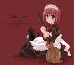  2003 animal apron artist_request blush bow broom cat expressionless green_eyes hisui len len_(cat) long_sleeves lowres maid maid_headdress neck_ribbon red_hair ribbon short_hair sitting tsukihime 