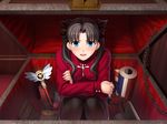  black_hair blue_eyes blush box fate/hollow_ataraxia fate/stay_night fate_(series) game_cg in_box in_container kaleidostick long_sleeves solo takeuchi_takashi toosaka_rin turtleneck two_side_up wand 