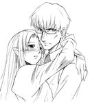  1girl arms_around_neck blush caster fate/stay_night fate_(series) glasses greyscale hug inue_shinsuke kuzuki_souichirou long_sleeves looking_at_viewer lowres monochrome pointy_ears staring 