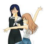  a1 ass black_hair blonde_hair blush clenched_hand covering_mouth denim jeans long_hair long_sleeves looking_away maria-sama_ga_miteru multiple_girls ogasawara_sachiko outstretched_arms pants pose school_uniform simple_background tank_top tears toudou_shimako very_long_hair what wince 