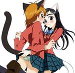  animal_ears ass black_hair black_legwear blazer blue_bow blue_eyes blush bow bowtie brown_eyes brown_hair cat_ears cat_tail futari_wa_precure green_panties hankaku_space holding holding_another's_tail jacket kemonomimi_mode long_hair long_sleeves looking_at_viewer misumi_nagisa multiple_girls panties pantyshot plaid plaid_skirt pleated_skirt precure red_jacket school_uniform shoes short_hair simple_background skirt socks striped striped_bow striped_neckwear striped_panties tail tail_grab takano_saki underwear verone_gakuin_school_uniform white_background yukishiro_honoka yuri 