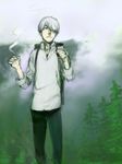  cigarette forest ginko haimura_kiyotaka hair_over_one_eye long_sleeves male_focus mushishi nature silver_hair smoking solo 