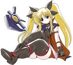  ass bardiche belt black_legwear blonde_hair blush boots bow cape fate_testarossa full_body gloves hair_ribbon head_tilt imai_kazunari legs leotard long_hair lyrical_nanoha magical_girl mahou_shoujo_lyrical_nanoha red_eyes ribbon simple_background sitting skirt solo staff strap thighhighs turtleneck twintails very_long_hair weapon 