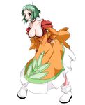  ahoge boots breasts choker cleavage covered_nipples dress farah_oersted full_body green_hair hand_on_hip houri_shinji large_breasts leaning_forward orange_dress pantyhose red_choker short_hair simple_background smile solo tales_of_(series) tales_of_eternia white_background yellow_eyes 
