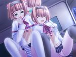  black_legwear blue_panties futa_majo game_cg hand_in_panties long_sleeves multiple_girls panties pantyshot pantyshot_(sitting) pink_panties plaid plaid_skirt pleated_skirt school_uniform sitting skirt striped striped_panties thighhighs underwear usaginezumi white_legwear 