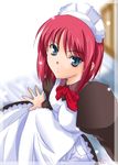  apron artist_request blue_eyes from_above hisui long_sleeves looking_up maid maid_headdress melty_blood red_hair serious short_hair sitting solo tsukihime 