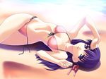  arm_up bangs beach bikini breasts clenched_hands cowboy_shot crossed_legs day fate/stay_night fate_(series) from_above front-tie_bikini front-tie_top hair_ribbon highres long_hair looking_at_viewer lying matou_sakura navel norizou_type-r ocean on_back on_ground outdoors parted_lips pink_bikini ribbon side-tie_bikini slender_waist small_breasts solo string_bikini swimsuit untied water 