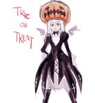  :o dress halloween jack-o'-lantern long_sleeves osakana_(denpa_yun'yun) pumpkin pumpkin_hat red_eyes rozen_maiden silver_hair solo suigintou trick_or_treat typo white_background wings 