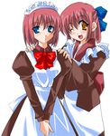  apron blush half_updo hands_on_shoulders hisui kineya_emuko kohaku long_sleeves maid multiple_girls one_eye_closed siblings simple_background sisters smile tsukihime twins v_arms 