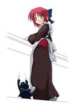  animal apron artist_request cat kohaku len len_(cat) long_sleeves looking_back maid partially_colored red_hair scratches simple_background solo tsukihime 