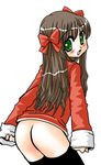  arima_miyako black_legwear bottomless brown_hair doushindou green_eyes hair_ribbon long_hair long_sleeves lowres melty_blood ribbon solo thighhighs tsukihime 