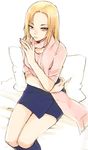  bed blonde_hair frown kneehighs miniskirt original pillow sakura_koharu scarf silver_eyes sitting skirt socks solo 