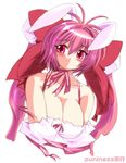  :o animal_ears bare_shoulders blush bow breasts bunny_ears choker cleavage di_gi_charat dice gomamiso_(gomamiso_sp) hair_bow large_breasts long_hair pink_bow pink_eyes pink_hair ribbon ribbon_choker simple_background solo twintails upper_body usada_hikaru white_background 