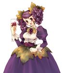  alcohol bangs cup dress drinking_glass food food_as_clothes food_themed_clothes fruit grapes holding holding_cup juliet_sleeves leaf_clothing long_sleeves open_mouth original puffy_sleeves purple purple_eyes purple_hair simple_background solo swept_bangs torazou white_background wine 