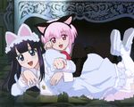  aizawa_masahiro animal_ears artemis_(tsukuyomi) cat_ears hazuki_(tsukuyomi) long_sleeves multiple_girls paw_pose shoes tsukuyomi_moonphase 