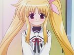  blonde_hair blush bow fate_testarossa hair_bow long_sleeves looking_at_viewer lyrical_nanoha mahou_shoujo_lyrical_nanoha mahou_shoujo_lyrical_nanoha_a's neck_ribbon red_eyes ribbon school_uniform screencap seishou_elementary_school_uniform solo twintails 