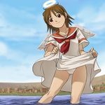  angel_wings brown_eyes brown_hair cloud day dress dress_lift haibane_renmei halo haruyama_kazunori lifted_by_self lowres orange_sailor_collar outdoors panties pantyshot pantyshot_(standing) rakka sailor_collar sailor_dress school_uniform serafuku sky smile solo standing underwear wading water white_panties wings 