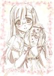  blush glasses hair_ornament hairclip holding jar kamiya_maneki long_hair looking_at_viewer monochrome original plant sketch smile solo tareme upper_body 