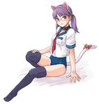  animal_ears cat_ears collar copyright_request fake_animal_ears feet glasses legs minato_fumi no_pants one-piece_swimsuit purple_hair school_swimsuit school_uniform sitting solo swimsuit swimsuit_under_clothes tail thighhighs twintails 