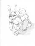  2019 all_fours anthro blanc_de_hotot bracelet buckteeth cheek_tuft chest_tuft claws clothed clothing female gloves greyscale hair inner_ear_fluff jewelry lagomorph long_hair looking_at_viewer mammal monochrome overalls ponytail rabbit simple_background skimpy smile solo teeth toe_claws torn_clothing tuft wolfkidd 