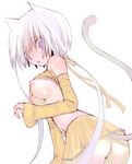  :o animal_ears breasts cat_ears detached_sleeves long_sleeves medium_breasts midriff nipple_slip nipples no_panties original ponytail purple_eyes ribbon saibashi shiny shiny_skin shirt_lift skirt solo tail underboob white_hair 