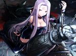  berserker blood breasts chain cleavage collar dress facial_mark fate/stay_night fate_(series) forehead_mark kneeling large_breasts long_hair nameless_dagger pool_of_blood purple_hair red_eyes rider shimada_fumikane strapless strapless_dress thighhighs very_long_hair wallpaper 